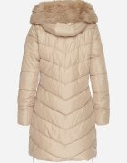 glo-story Geacă Bej închisă Lungă Matlasată cu Glugă Detașabilă și Blană Tirrinna