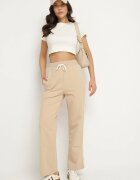 glo-story Pantaloni de trening Bej cu bumbac și talie înaltă decorați cu dantelă Evarose