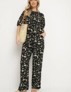 glo-story Pantaloni Negre cu Talie Înaltă cu Imprimeu Floral Borsedi