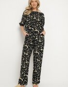 glo-story Pantaloni Negre cu Talie Înaltă cu Imprimeu Floral Borsedi