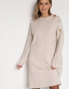 glo-story Rochie bej tricotată dreaptă decorată lateral cu nasturi Tustina