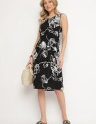 glo-story Rochie Neagră cu Imprimeu Floral cu Croi Cloș cu Elastic în Talie Neleldi