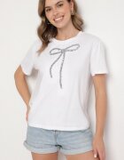 glo-story Tricou Alb Oversize din Bumbac Decorat cu Fundă cu Paiete Tenesela