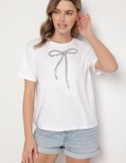 glo-story Tricou Alb Oversize din Bumbac Decorat cu Fundă cu Paiete Tenesela