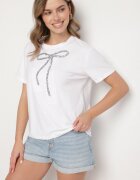 glo-story Tricou Alb Oversize din Bumbac Decorat cu Fundă cu Paiete Tenesela
