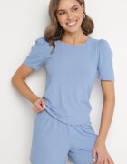 glo-story Tricou Albastru Reiat cu Pliuri la Mâneci Kolanovia