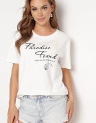 glo-story Tricou Clasic Din Bumbac Alb Cu Mânecă Scurtă Cu Imprimeu Decorat Cu Perle Tiavenna