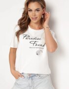 glo-story Tricou Clasic Din Bumbac Alb Cu Mânecă Scurtă Cu Imprimeu Decorat Cu Perle Tiavenna
