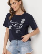 glo-story Tricou Clasic din bumbac Bleumarin cu mânecă scurtă cu imprimeu împodobit cu perle Tiavenna