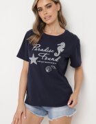 glo-story Tricou Clasic din bumbac Bleumarin cu mânecă scurtă cu imprimeu împodobit cu perle Tiavenna