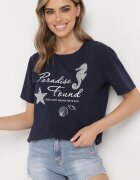 glo-story Tricou Clasic din bumbac Bleumarin cu mânecă scurtă cu imprimeu împodobit cu perle Tiavenna