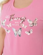 glo-story Tricou de bumbac Roz cu mânecă scurtă cu imprimeu și Zirconii Qumara