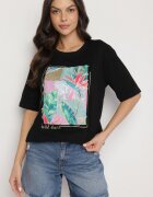 glo-story Tricou negru de bumbac cu imprimeu decorativ Delmari