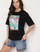 glo-story Tricou negru de bumbac cu imprimeu decorativ Delmari