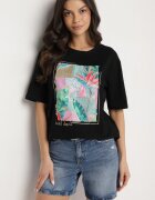 glo-story Tricou negru de bumbac cu imprimeu decorativ Delmari