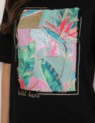 glo-story Tricou negru de bumbac cu imprimeu decorativ Delmari