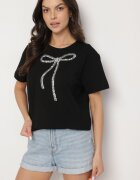 glo-story Tricou Negru Oversize din Bumbac Decorat cu Fundă cu Paiete Tenesela