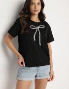 glo-story Tricou Negru Oversize din Bumbac Decorat cu Fundă cu Paiete Tenesela