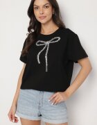 glo-story Tricou Negru Oversize din Bumbac Decorat cu Fundă cu Paiete Tenesela