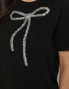 glo-story Tricou Negru Oversize din Bumbac Decorat cu Fundă cu Paiete Tenesela
