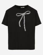 glo-story Tricou Negru Oversize din Bumbac Decorat cu Fundă cu Paiete Tenesela
