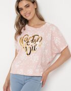 glo-story Tricou Roz de bumbac cu mâneci tip liliac cu strasuri și imprimeu Sevres