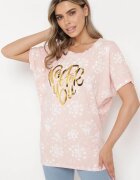 glo-story Tricou Roz de bumbac cu mâneci tip liliac cu strasuri și imprimeu Sevres