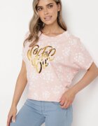 glo-story Tricou Roz de bumbac cu mâneci tip liliac cu strasuri și imprimeu Sevres