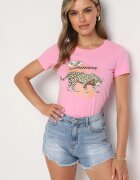 glo-story Tricou Roz din Bumbac cu Imprimeu Panteră Yelfea