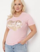 glo-story Tricou Roz din Bumbac cu Mânecă Scurtă Decorat cu Imprimeu și Pietre decorative Ozelia