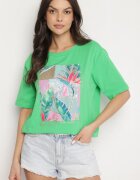 glo-story Tricou verde de bumbac cu imprimeu decorativ Delmari