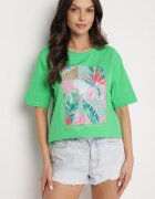 glo-story Tricou verde de bumbac cu imprimeu decorativ Delmari