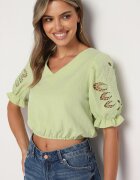 h&s Bluză Verde Deschisă cu Mânecă Scurtă cu Ornament și Decolteu în V Tiamazie
