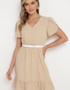 h&s Rochie Bej Cloș cu Elastic în Talie și Volan Welimia