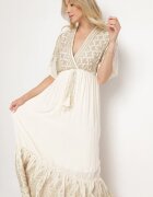 h&s Rochie bej deschis din vâscoză cu decolteu petrecut și broderie cu fir metalic Emhiris