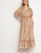 h&s Rochie Bej închis Cloș din Viscoză cu model Boho cu Volan Turaline