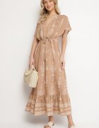 h&s Rochie Bej închis Cloș din Viscoză cu model Boho cu Volan Turaline