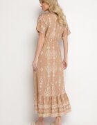 h&s Rochie Bej închis Cloș din Viscoză cu model Boho cu Volan Turaline