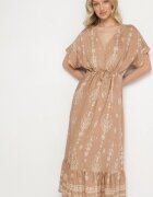 h&s Rochie Bej închis Cloș din Viscoză cu model Boho cu Volan Turaline