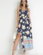 h&s Rochie Bleumarin-Galbenă Maxi cu Bretele Subțiri și cu Curea din Material Adakila