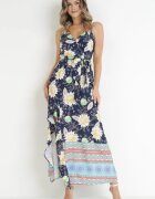 h&s Rochie Bleumarin-Galbenă Maxi cu Bretele Subțiri și cu Curea din Material Adakila