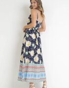 h&s Rochie Bleumarin-Galbenă Maxi cu Bretele Subțiri și cu Curea din Material Adakila
