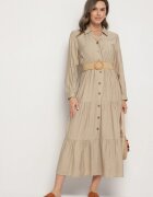 h&s Rochie Cămașă Bej din Viscoză cu Curea Elastică cu Cataramă Felucia