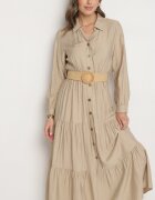 h&s Rochie Cămașă Bej din Viscoză cu Curea Elastică cu Cataramă Felucia