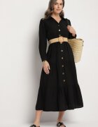 h&s Rochie Cămașă Neagră din Viscoză cu Centură Elastică cu Cataramă Felucia