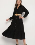 h&s Rochie Cămașă Neagră din Viscoză cu Centură Elastică cu Cataramă Felucia