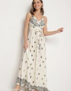 h&s Rochie Crem și Negru Din Bumbac Evazată Cu Decolteu Petrecut și Cu Cordon Revevra