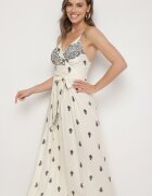 h&s Rochie Crem și Negru Din Bumbac Evazată Cu Decolteu Petrecut și Cu Cordon Revevra