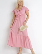 h&s Rochie evazată roz maxi cu elastic în talie și cu volane Aimelia