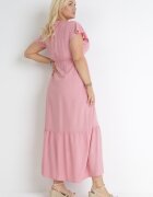 h&s Rochie evazată roz maxi cu elastic în talie și cu volane Aimelia